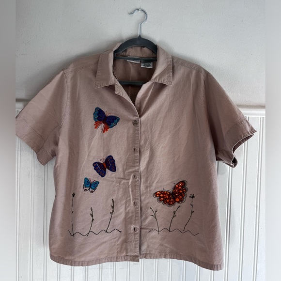 Retro White Stag Butterfly Short Sleeve Cotton Button Up Women’s Medium Tan - Picture 6 of 11